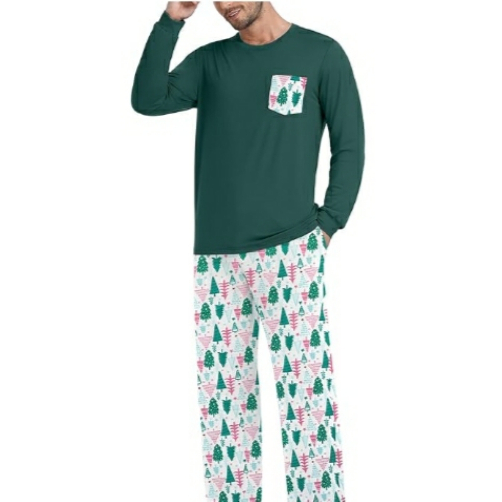 Men's Pajama Set Sleepwear Lightweight Long Sleeve Green /White NWT